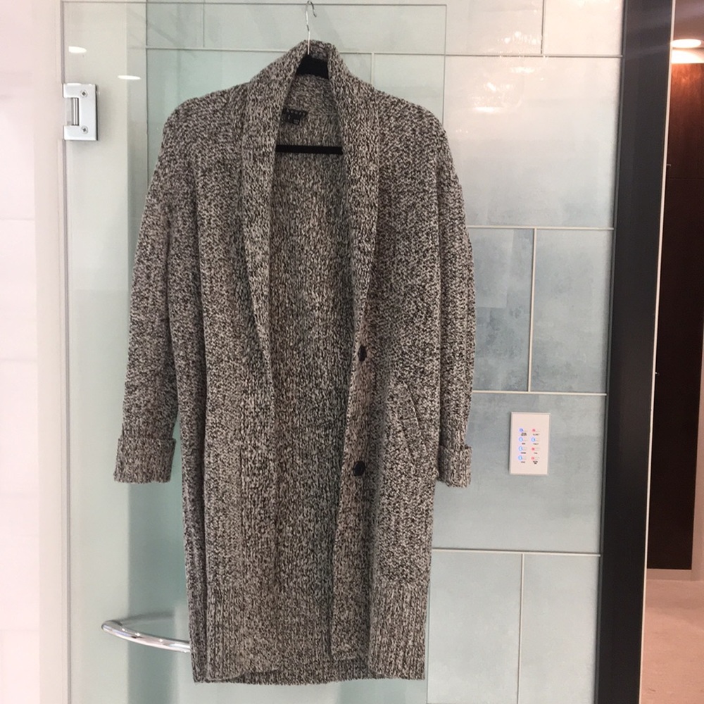 Long black and white tweed sweater coat